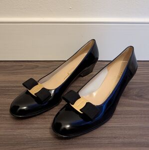 Salvatore Ferragamo Black Vara Pump Patent Leather Flats
